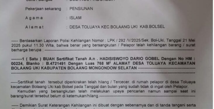 Telah Hilang Sertifikat Tanah Milik Hadisiswoyo Dario Gobel